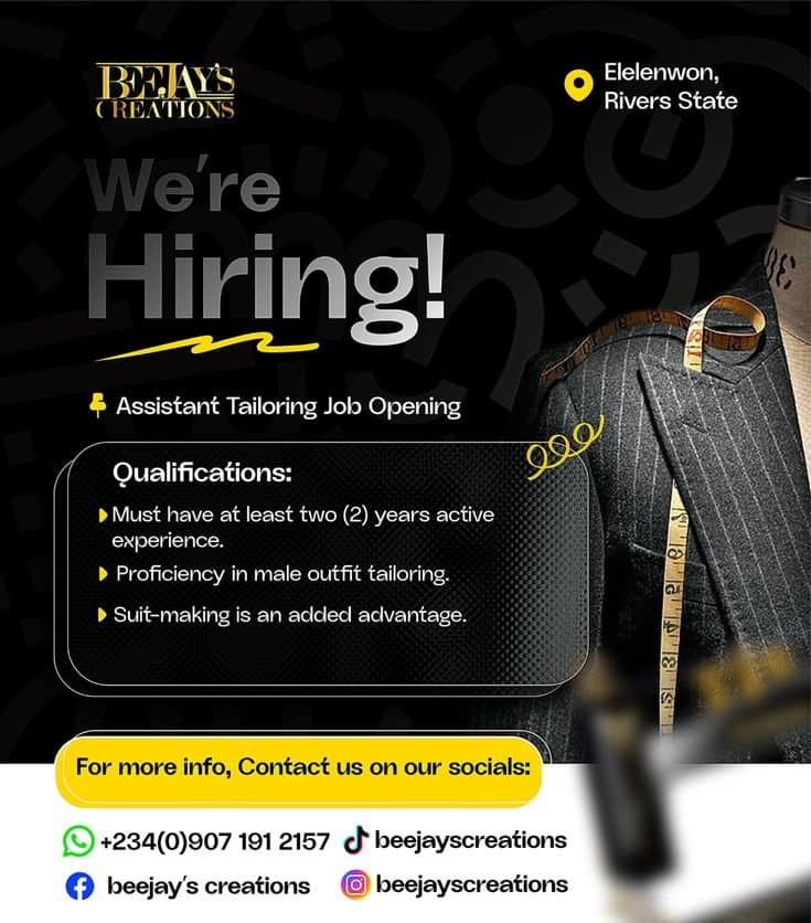 Assistant Tailoring Job Opening